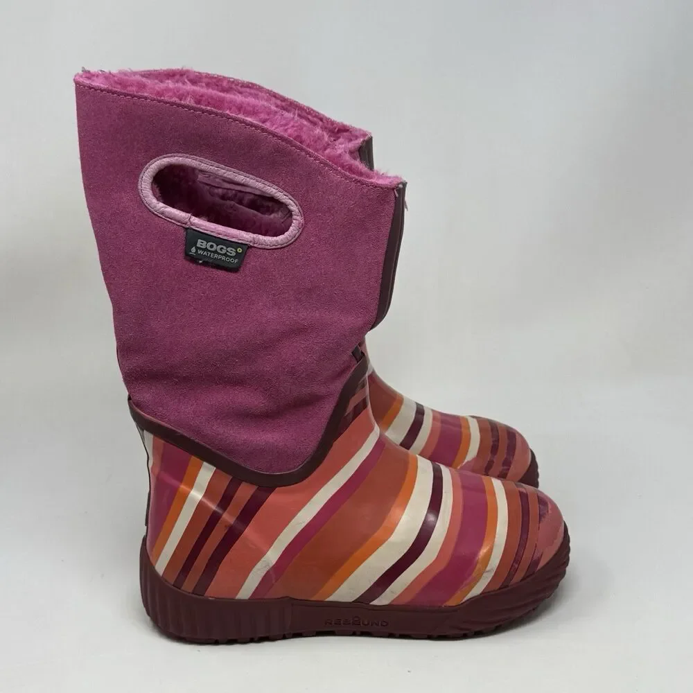 Bogs Prairie Stripe Boots Girls Size 2 Purple Suede Rubber Waterproof Faux Fur